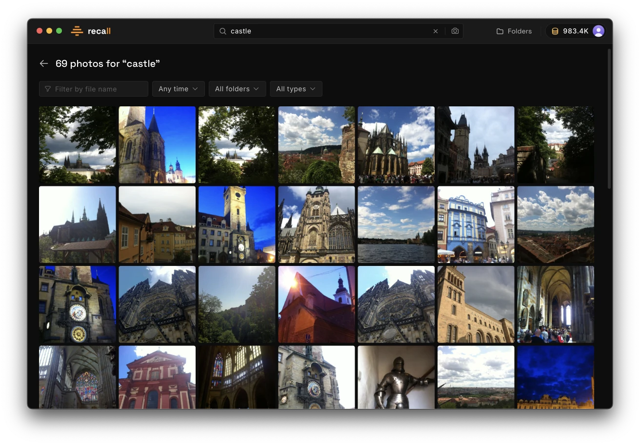 Vecstore Recall desktop app showing photo search results